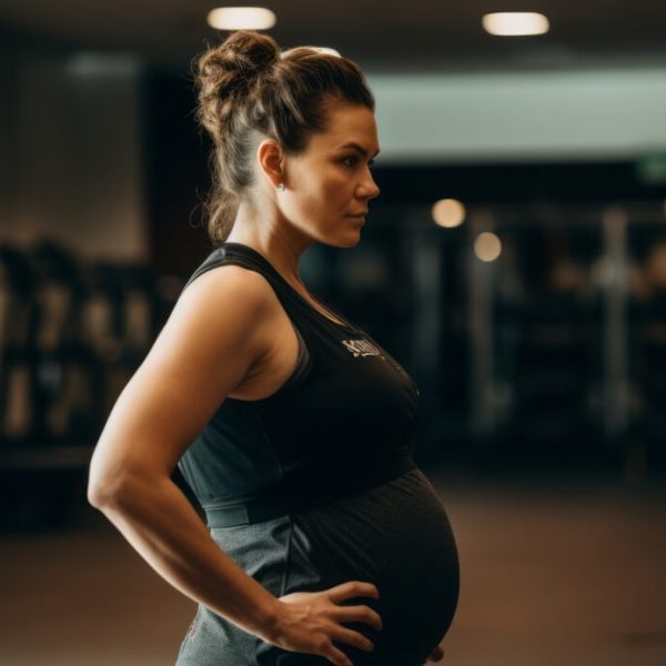 Pregnant woman in sportswear doing exercises at gym.